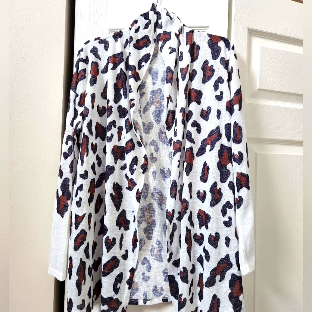 Animal Print, Large, Womens Long Sleeve Cardigan, Black, Brown, White